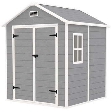 6 x 5ft Garden Shed, Plastic Shed with Floor, Window, Lockable Doors and Vents, Wood Effect Resin Tool Shed for Outdoor Patio, Dark Grey