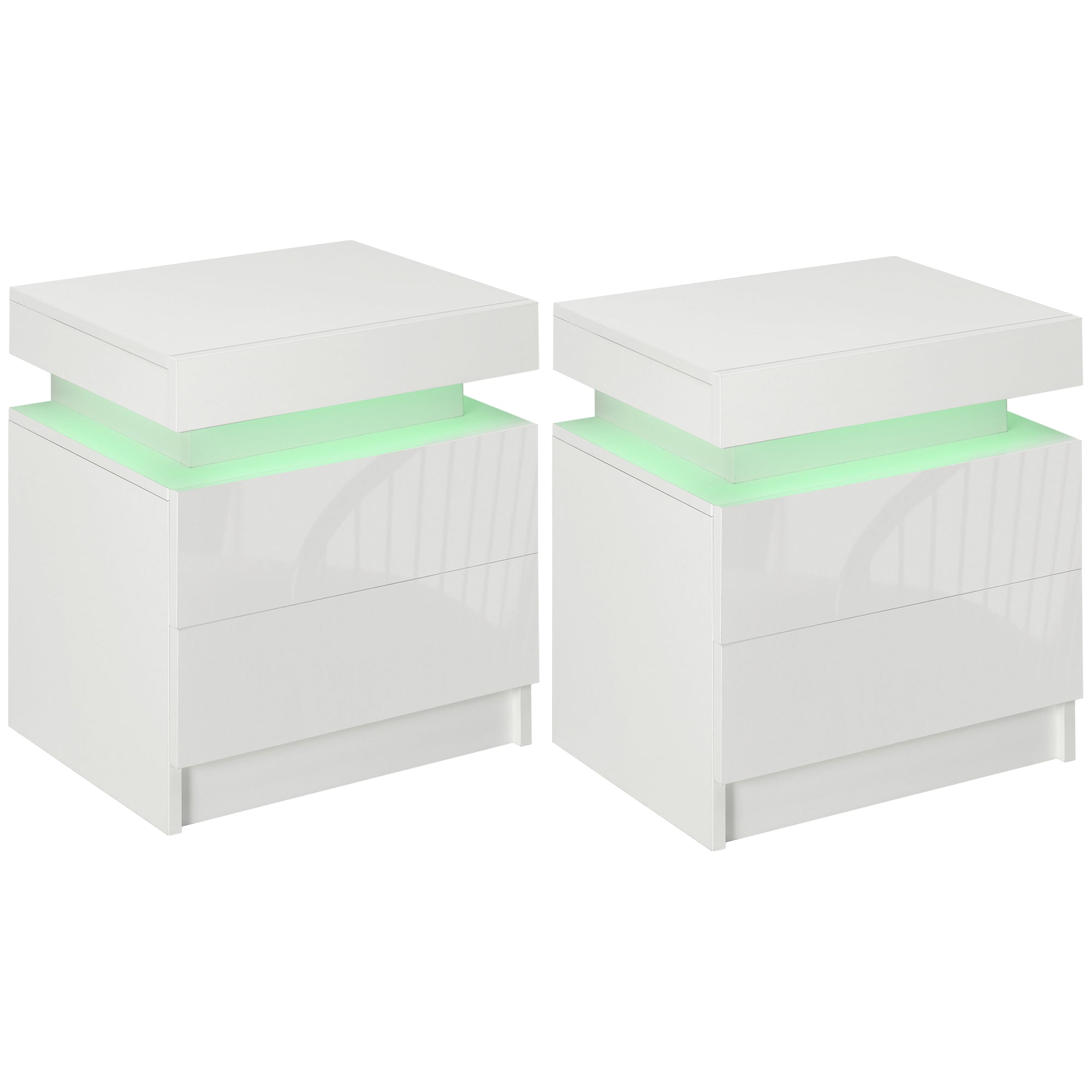 Set of 2 White Bedside Tables with LED Lights, High Gloss Front Nightstands with 4 Drawers