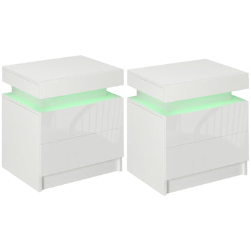 Set of 2 White Bedside Tables with LED Lights, High Gloss Front Nightstands with 4 Drawers