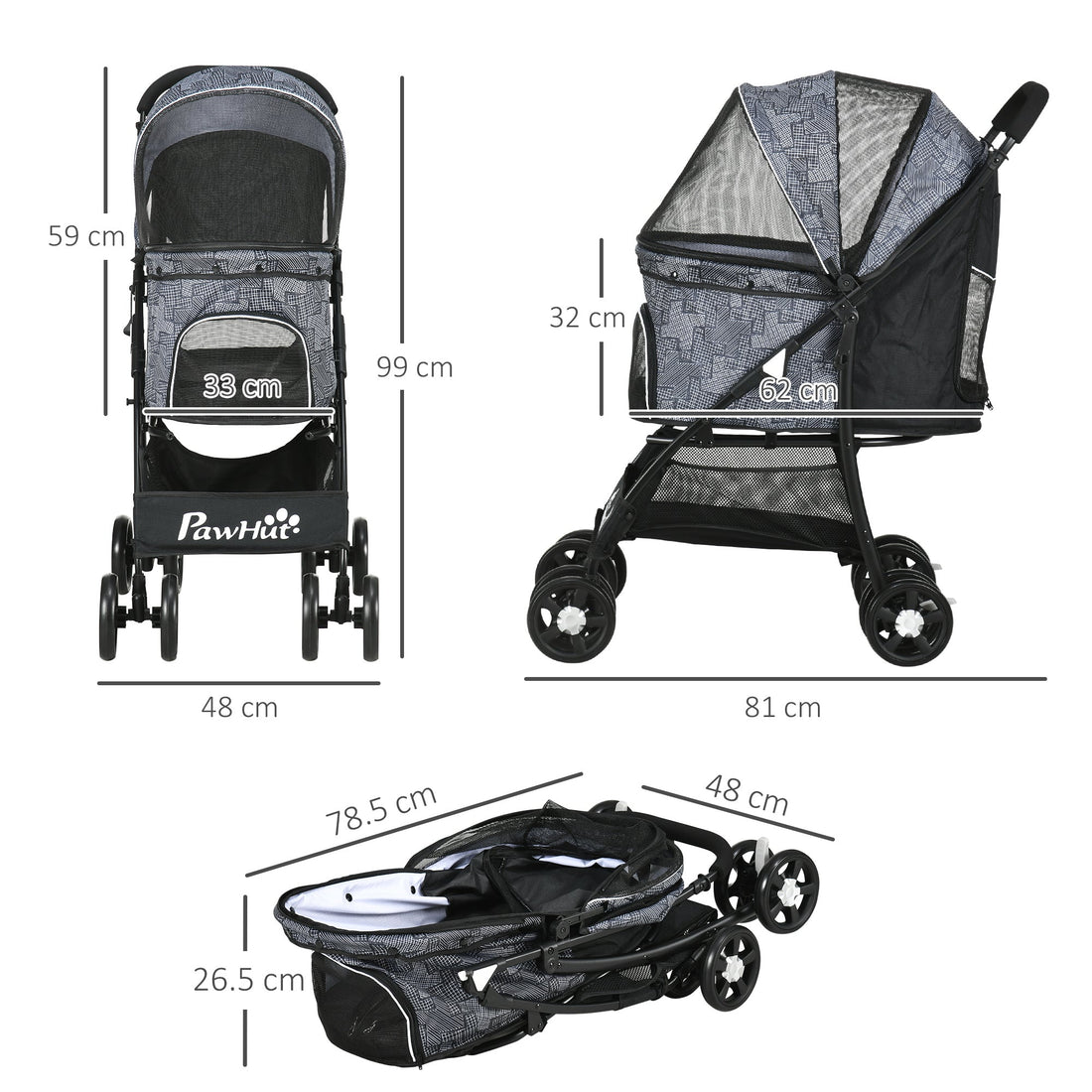 Foldable Pet Stroller for Dogs, Puppy Stroller, with Large Carriage, Brakes, Canopy - Grey