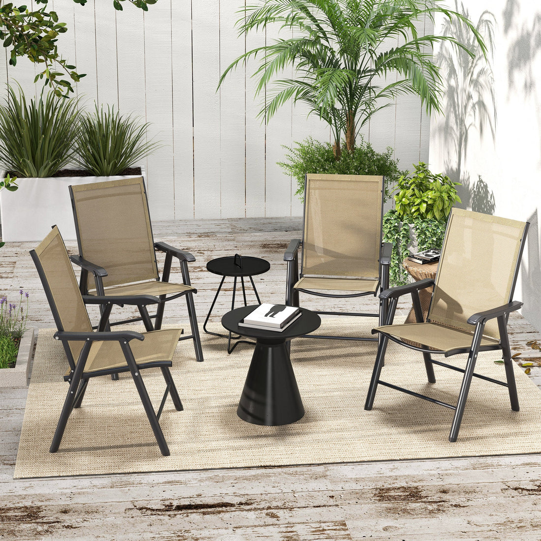 Set of 4 Foldable Metal Garden Chairs Outdoor Patio Park Dining Seat Furniture Light Brown