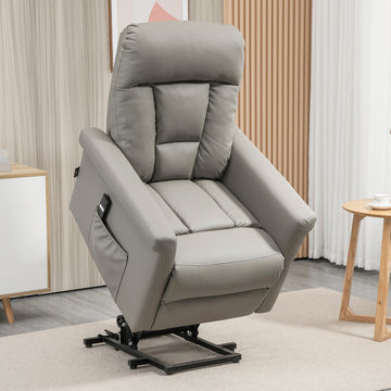 Power Lift Chair Armchair for the Elderly, PU Leather Recliner Chair with Extended Footrest, Remote Control and Side Pocket, Grey