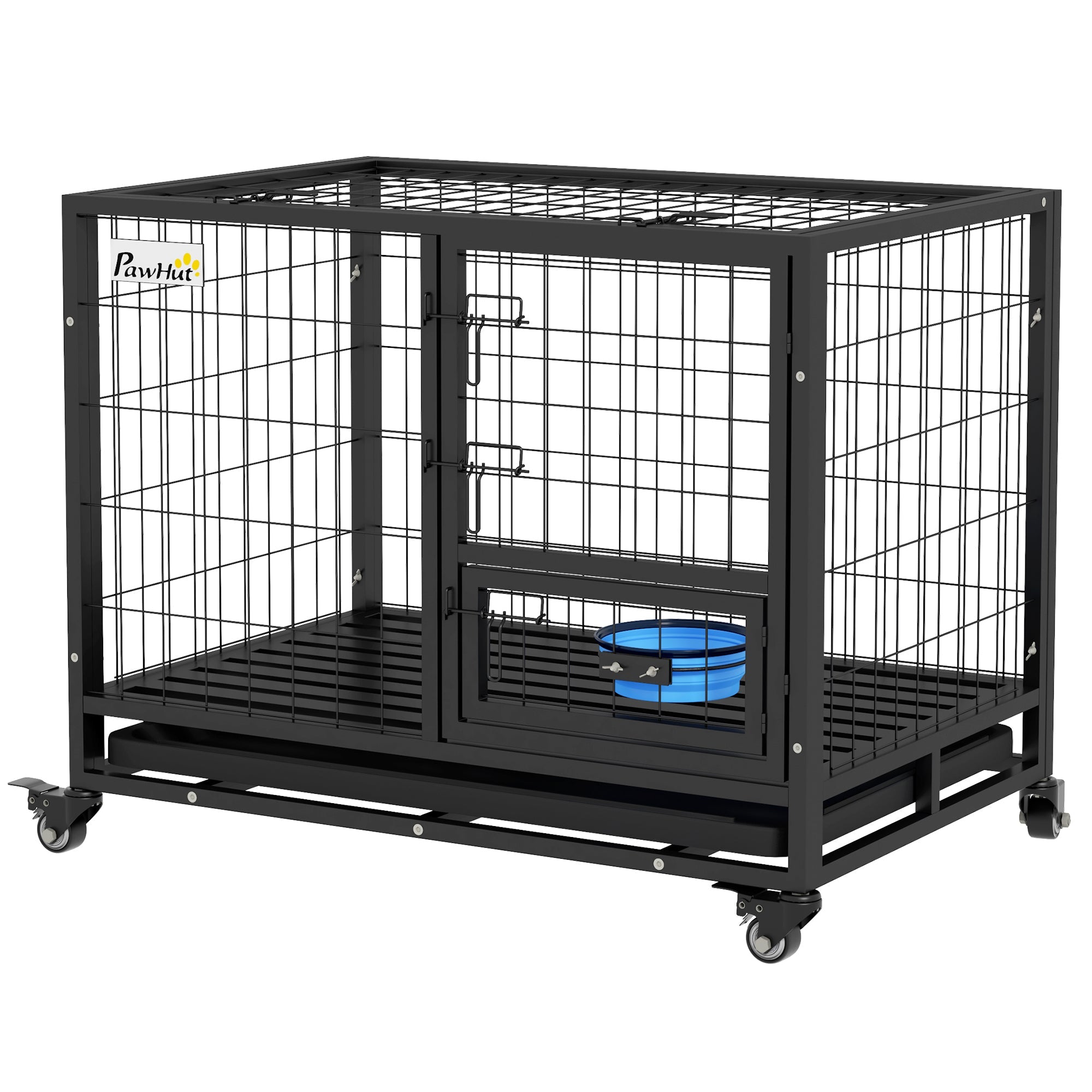 Heavy Duty Dog Crate on Wheels w/ Bowl Holder, Removable Tray, Openable Top, Detachable Door, for M, L Dogs