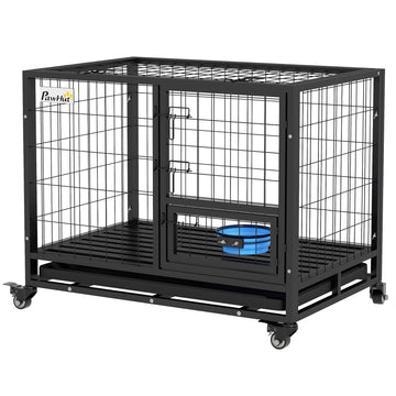 Heavy Duty Dog Crate on Wheels w/ Bowl Holder, Removable Tray, Openable Top, Detachable Door, for M, L Dogs