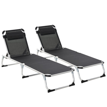 2 Pieces Foldable Outdoor Sun Lounger with Pillow, 5-Level Adjustable Reclining Lounge Chair, Aluminium Frame Camping Bed Cot, Black