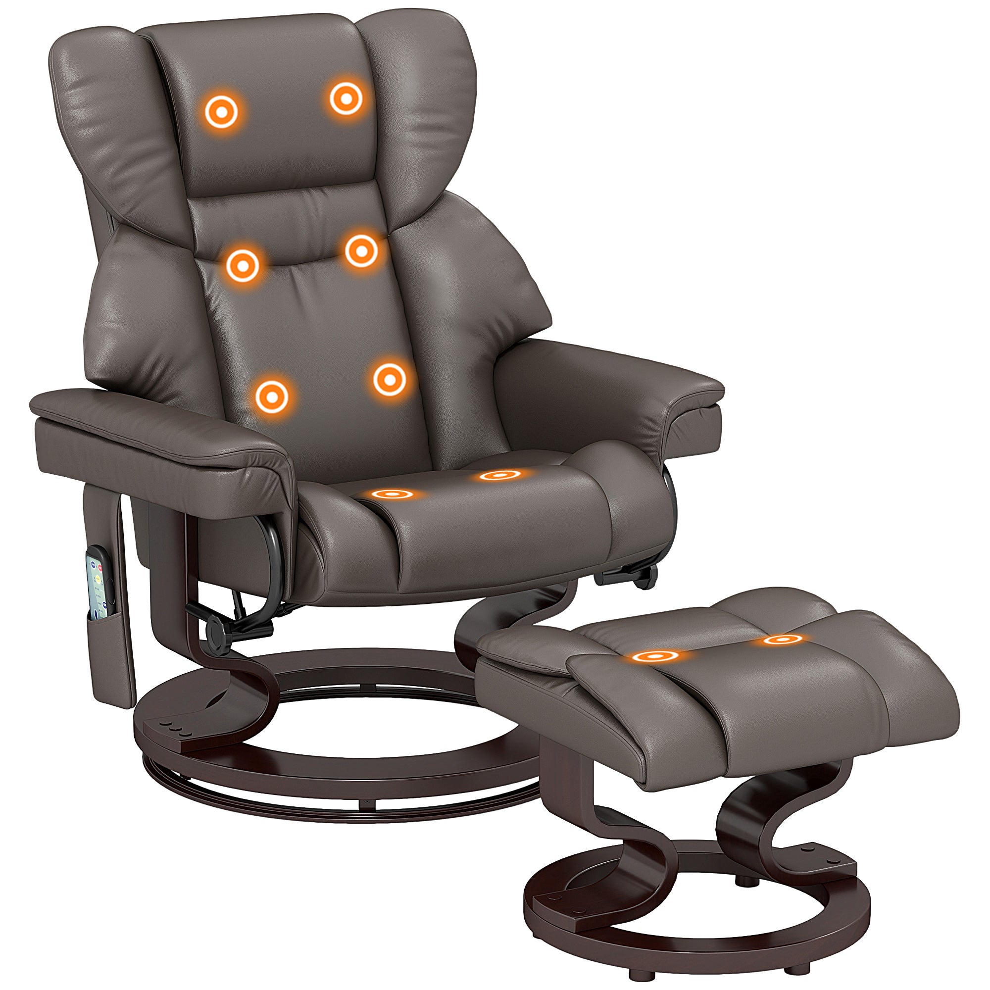 Massage Recliner Chair with Footstool, Upholstered Reclining Armchair with Adjustable Backrest, Steel Frame and Wood Base, Swivel Chair for Living Room, Bedroom, Brown