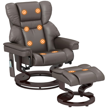 Massage Recliner Chair with Footstool, Upholstered Reclining Armchair with Adjustable Backrest, Steel Frame and Wood Base, Swivel Chair for Living Room, Bedroom, Brown