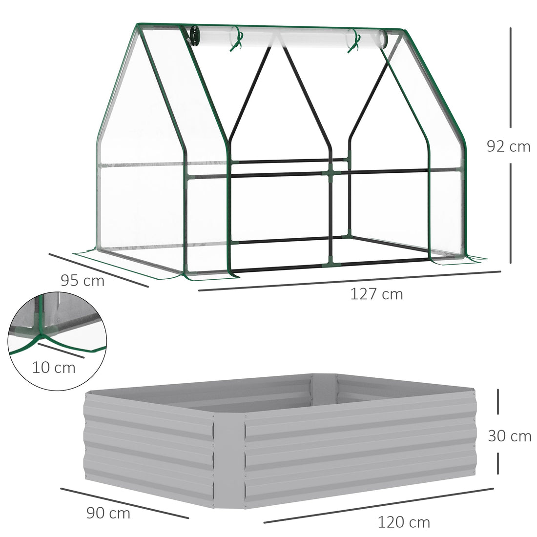 Raised Garden Bed with Greenhouse, Steel Planter Box with Plastic Cover, Roll Up Window, Dual Use for Flowers, Vegetables, Fruits and Herbs, 127L x 95W x 92H cm, Clear