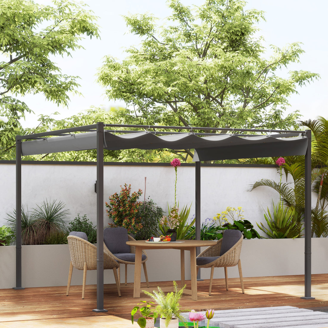3 x 3(m) Garden Pergola with Retractable Roof and Magnetic Fixture, Outdoor Gazebo Pergola Kit Sun Shade Canopy, UPF30+, Grey