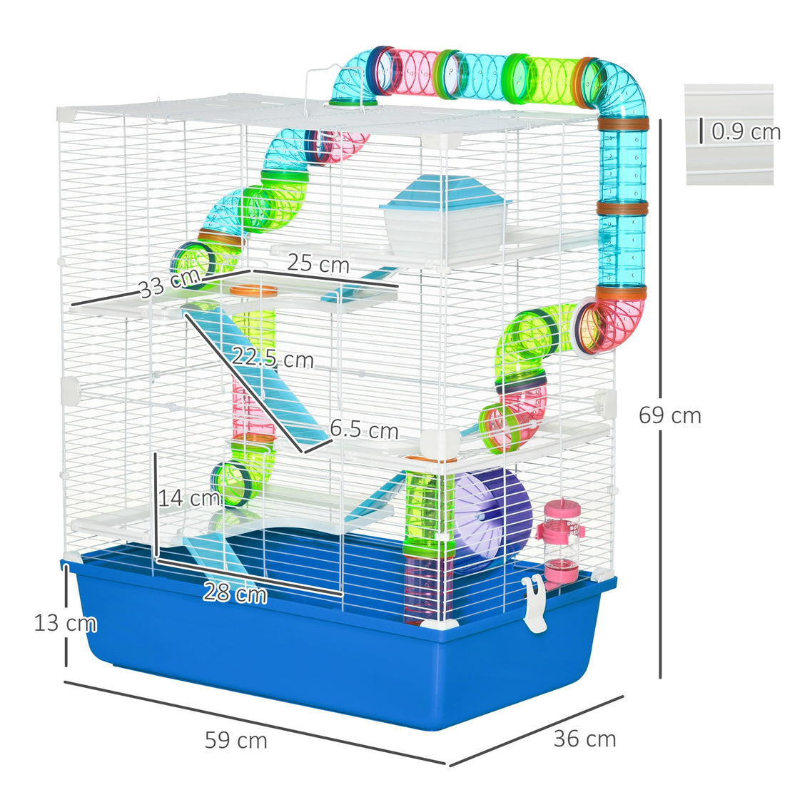 5 Tier Hamster Cage, Gerbil Cage with Tube, Water Bottle, Exercise Wheel, Food Dish, 59L x 36W x 69H cm - Blue