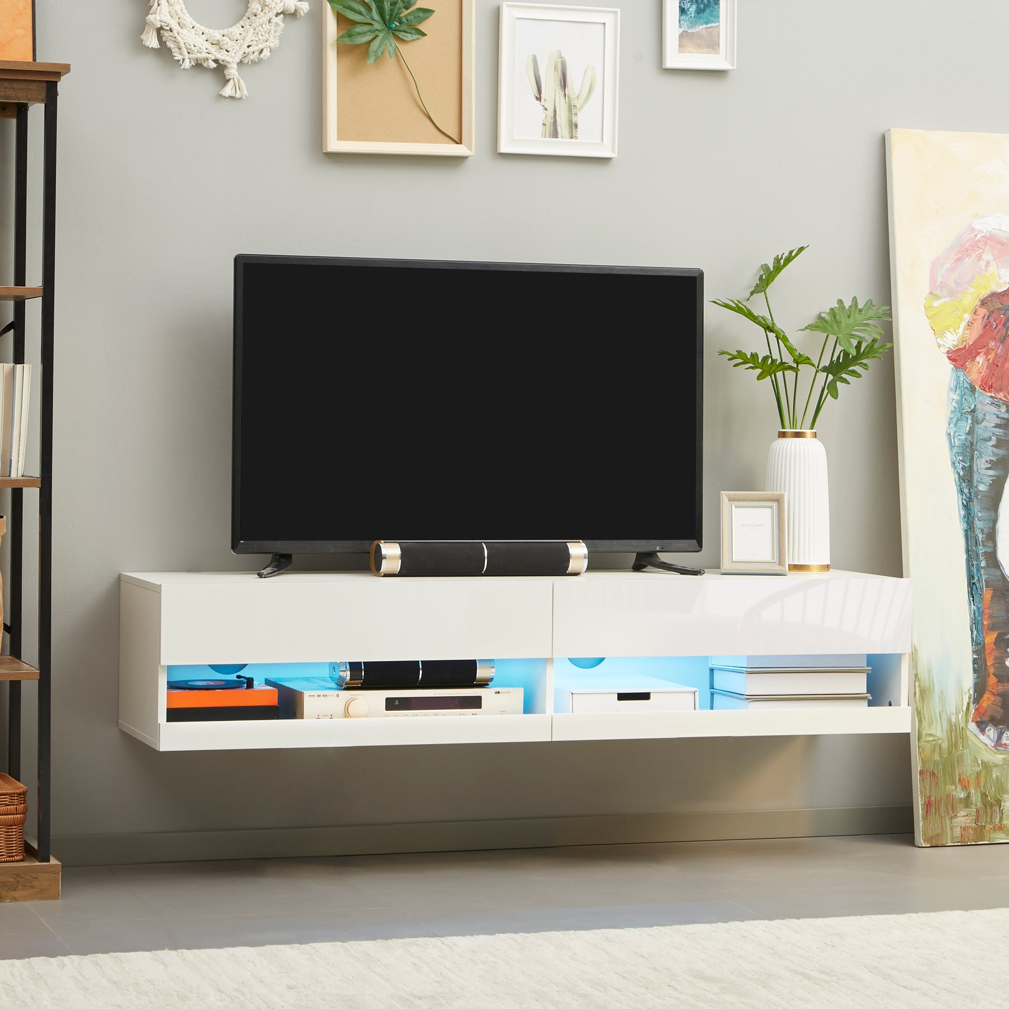 Floating TV Unit, Wall Mounted TV Cabinet for TVs up to 65", High Gloss Media Wall Unit with LED Lights, Storage Shelves for Living Entertainment Room, White