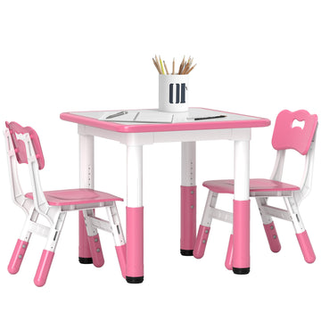 Height Adjustable Toddler Table and Chair Set, 3 Pcs Children Activity Table w/ 2 Chairs, for Playroom, Bedroom - Pink
