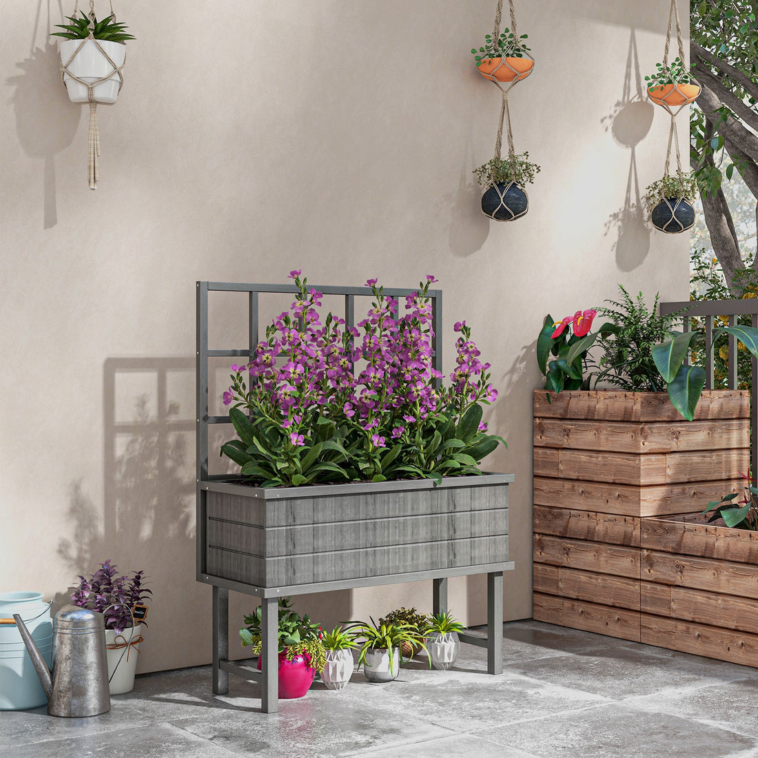 45 x 105cm Wooden Garden Planter, with Trellis - Grey