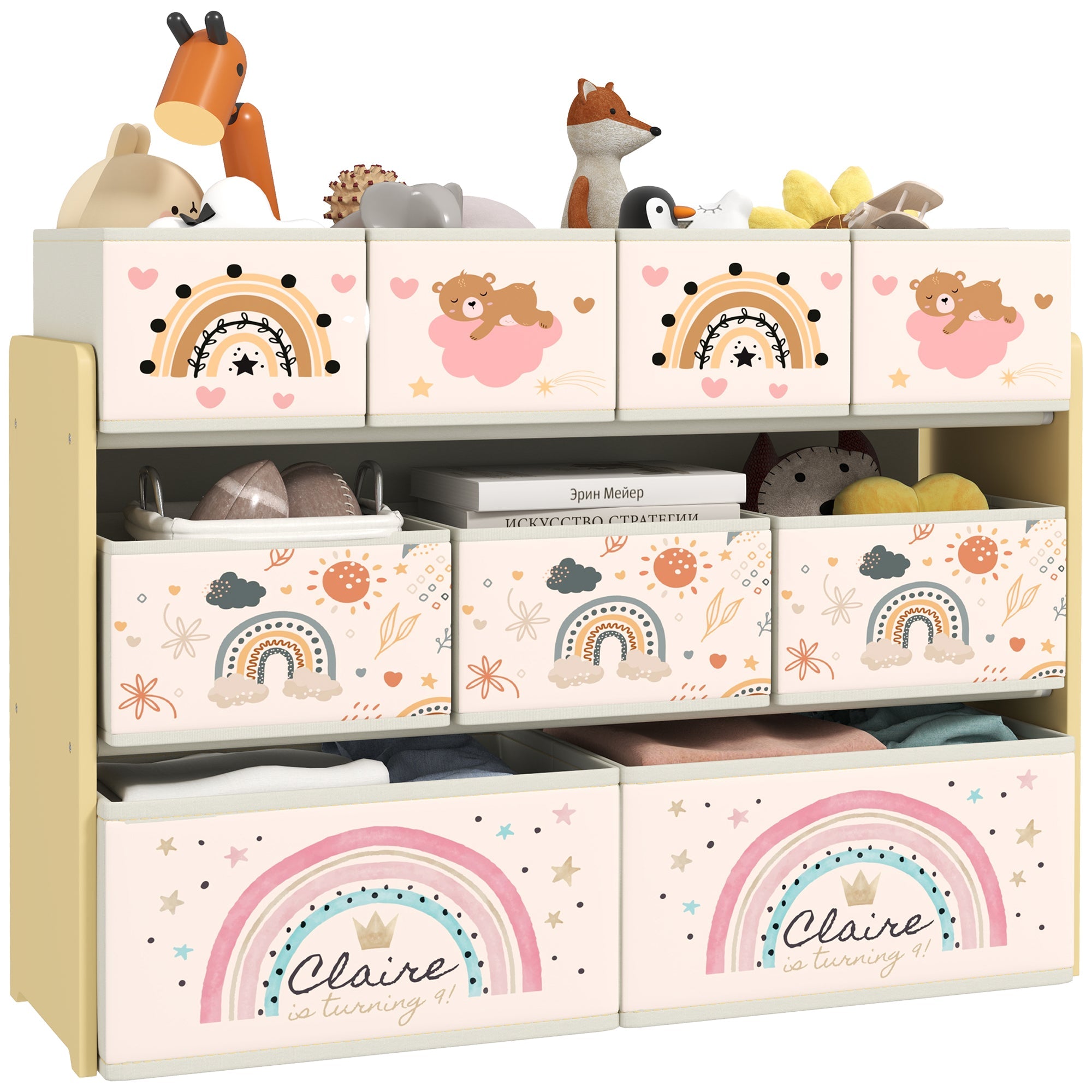 3-Tier Kids Storage Unit with 9 Non-Woven Fabric Boxes for Toys, Books, for Bedroom, Nursery, Yellow