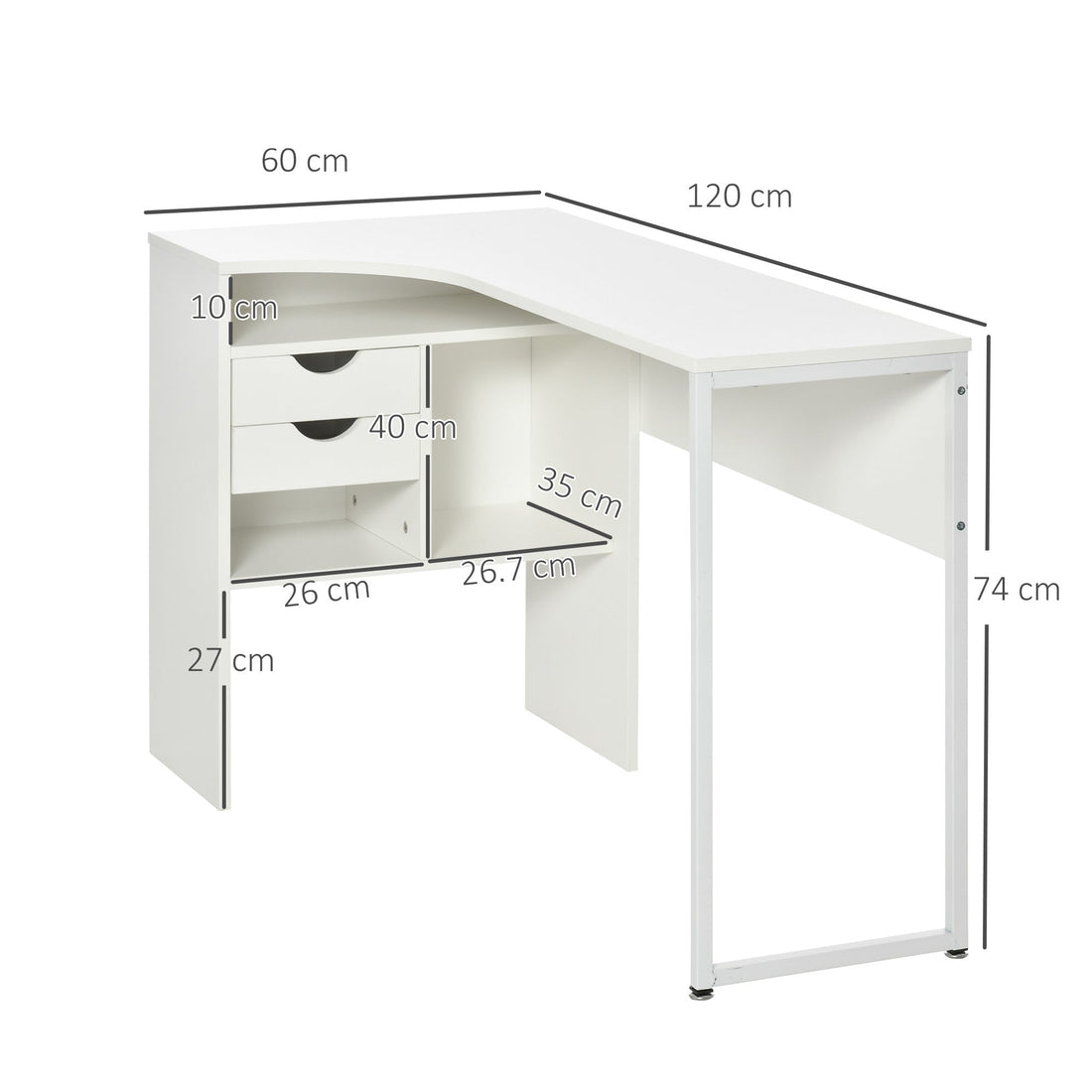 L Shaped Desk, 120cm Computer Desk, Corner Desk with 2 Drawers and 3 Storage Compartments for Home Office, Study Workstation, White