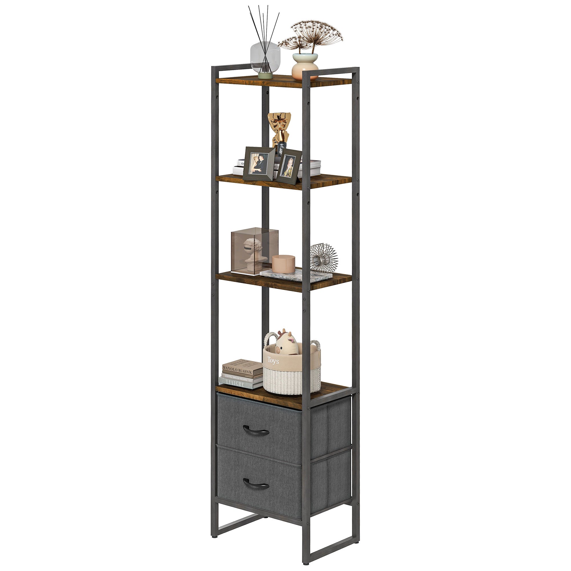 Four-Tier Industrial Display Shelf, with Bottom Drawers
