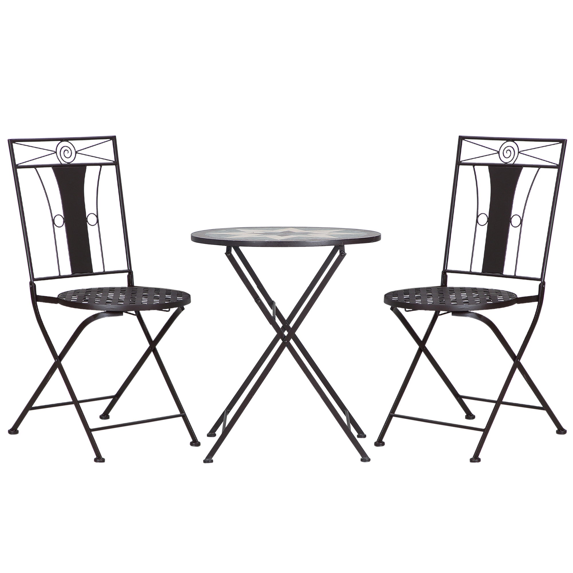 3-Piece Patio Bistro Set, Mosaic Table and 2 Armless Chairs with Foldable Design, Metal Frame for Garden, Poolside, Coffee
