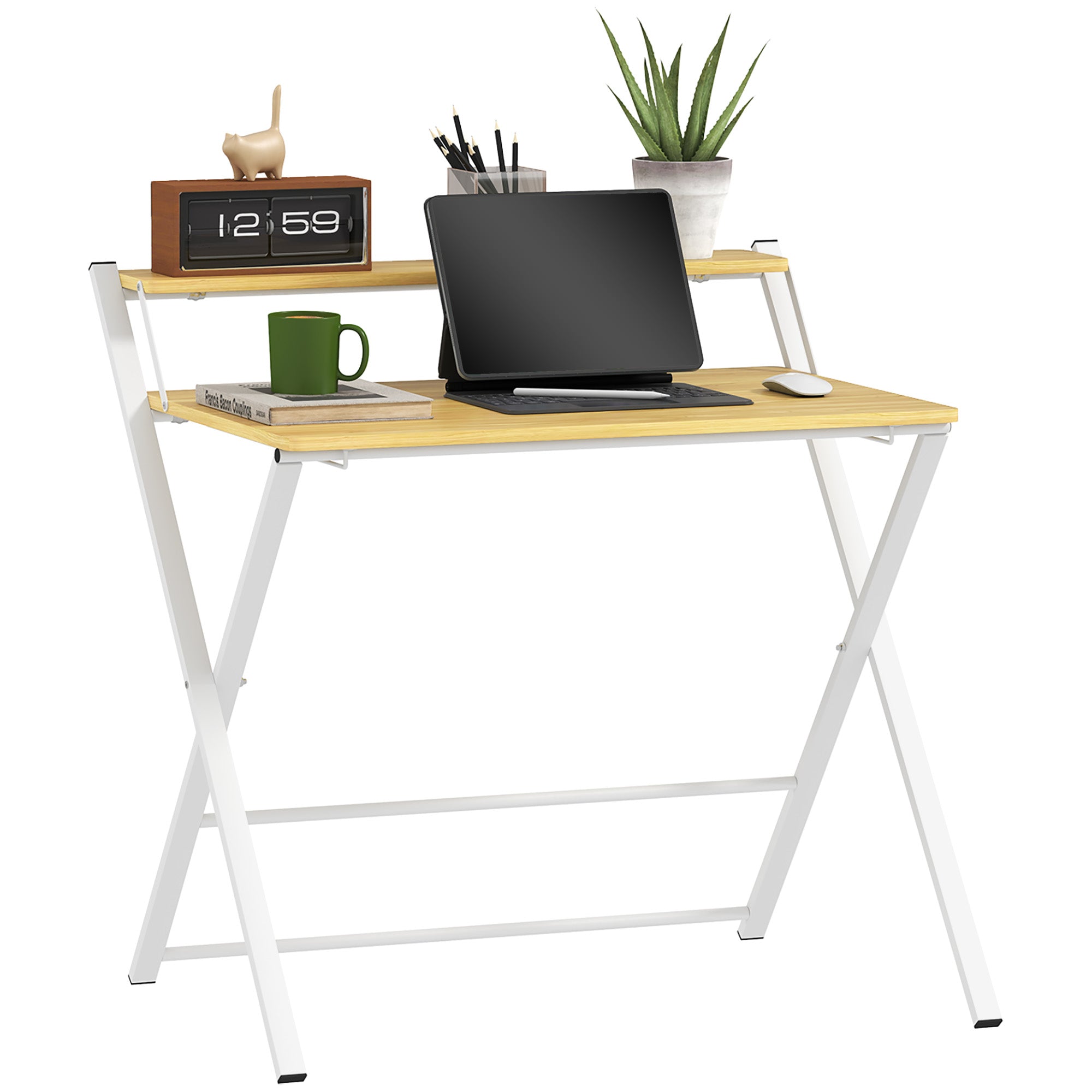 Compact Folding Desk for Small Spaces, Foldable Computer Desk with Storage Shelf for Home Office, 2-Tier Study Writing Table, 86 x 66 x 82 cm, Maple Wood-effect