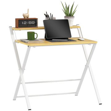 Compact Folding Desk for Small Spaces, Foldable Computer Desk with Storage Shelf for Home Office, 2-Tier Study Writing Table, 86 x 66 x 82 cm, Maple Wood-effect