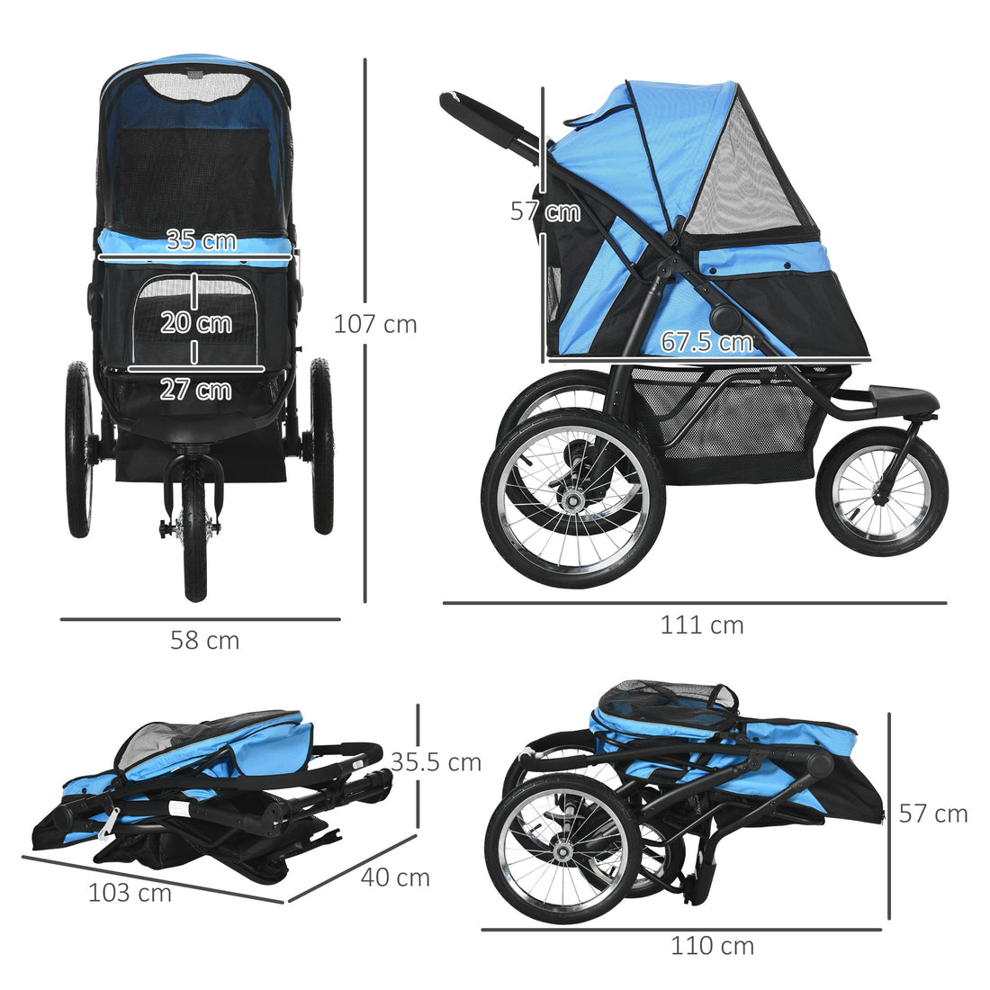 Dog Pram Dog Stroller Jogger Foldable Pet Pushchair for Medium, Small Dogs, w/ Rubber Wheels, Washable Cushion - Blue