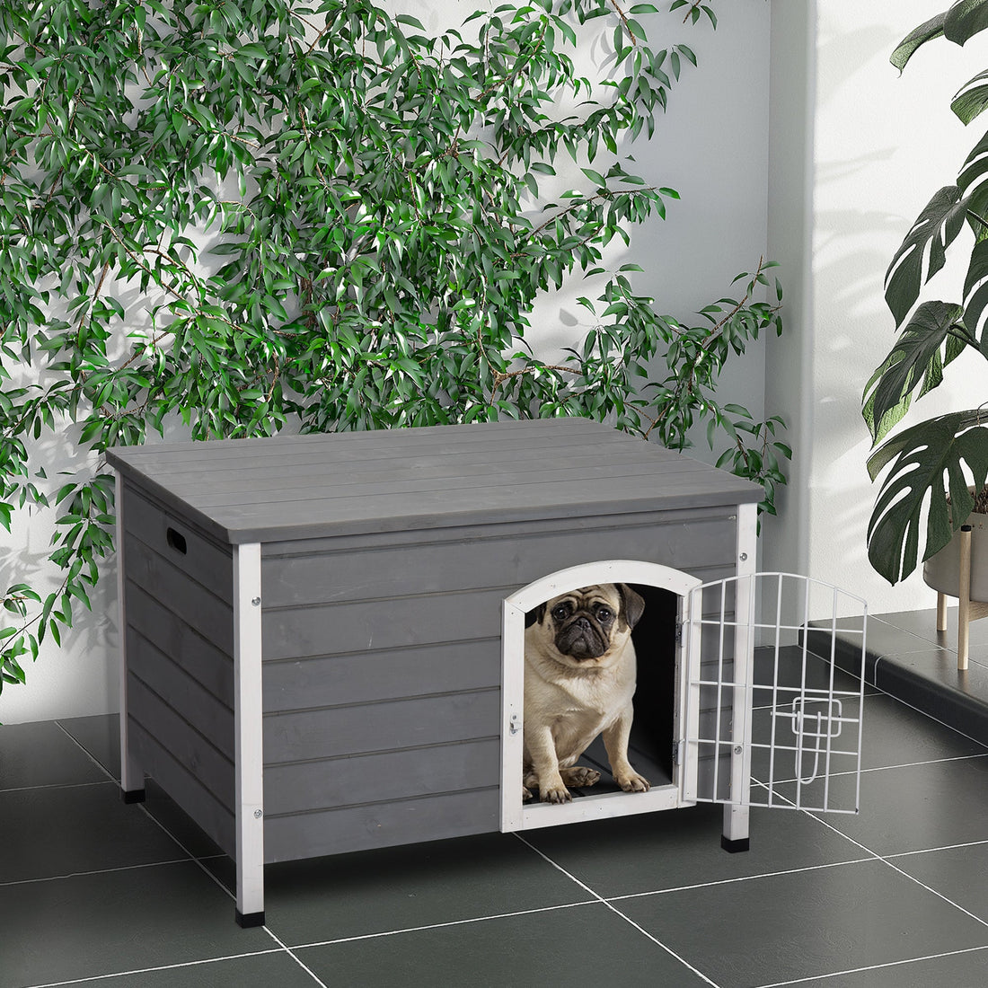 Wooden Dog House with Removable Bottom, Wire Door, Openable Top, Pet Shelter for Small Dog, 80 x 55 x 53.5cm, Dark Grey