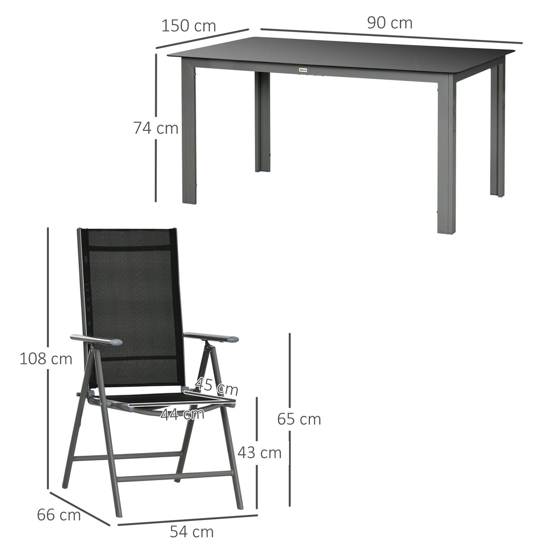 7 Piece Garden Dining Set, Outdoor Table and 6 Folding and Reclining Chairs, Aluminium Frame, Tempered Glass Top Table, Texteline Seats, Black