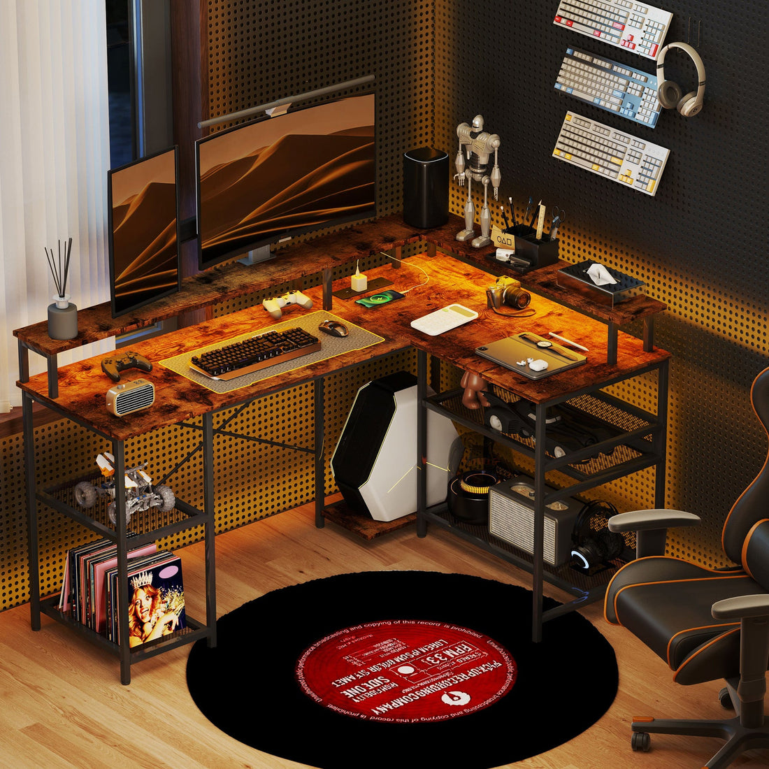 LED Light 'L' Computer Desk, with Shelves - Brown