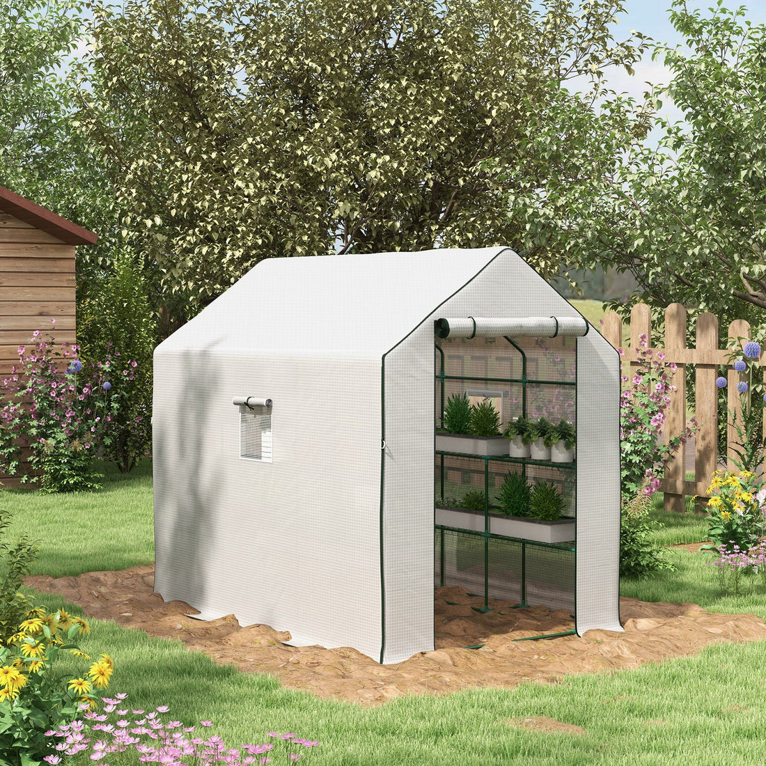 Walk-in Greenhouse with 3 Tier 12 Shelves, Small Greenhouse with Reinforced PE Cover, Garden Plant Growhouse with Roll-up Door and Three Mesh Windows, 140 x 213 x 190 cm, White