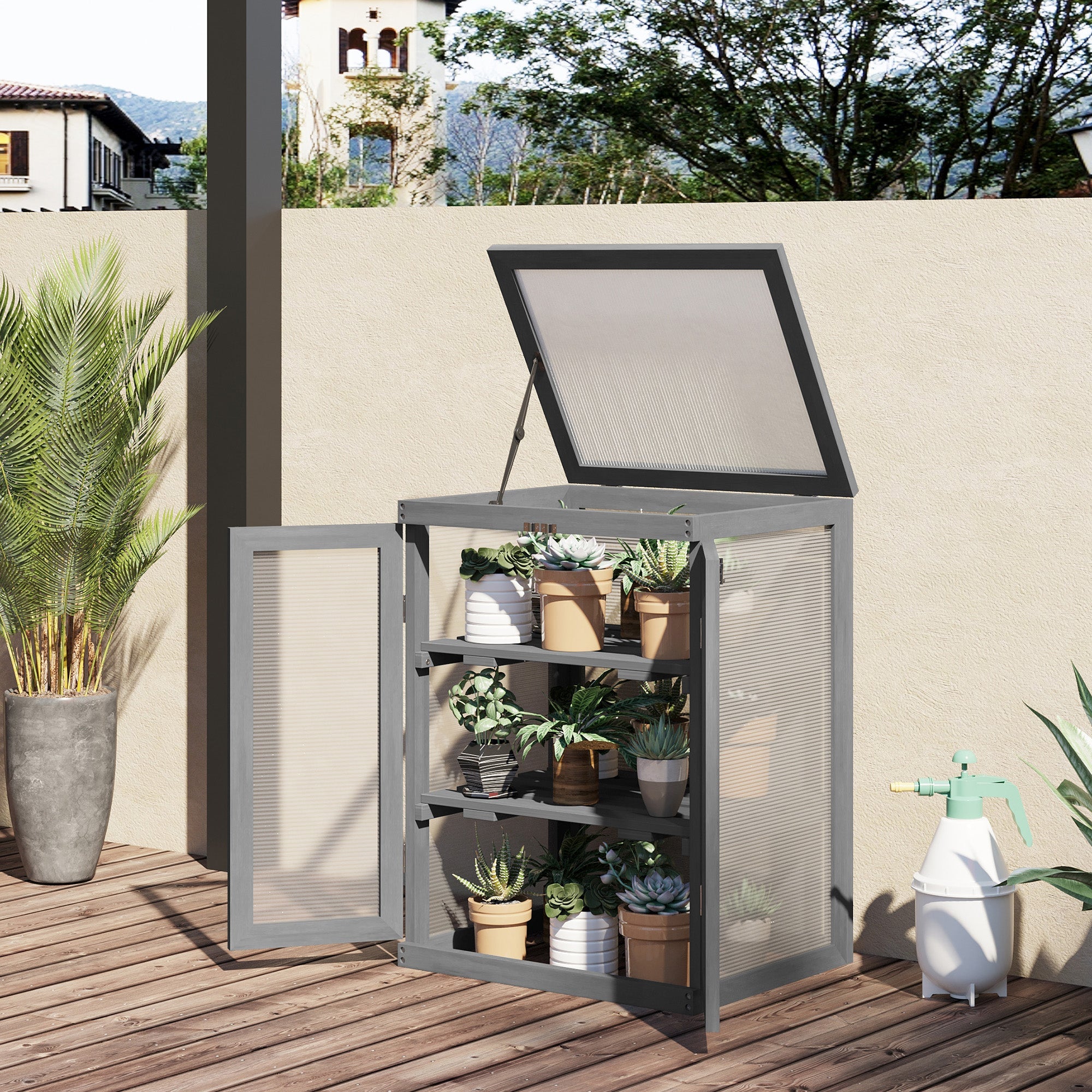 3-tier Wood Greenhouse Garden Polycarbonate Cold Frame Balcony Grow House w/ Storage Shelf for Plants, Flowers, Dark Grey