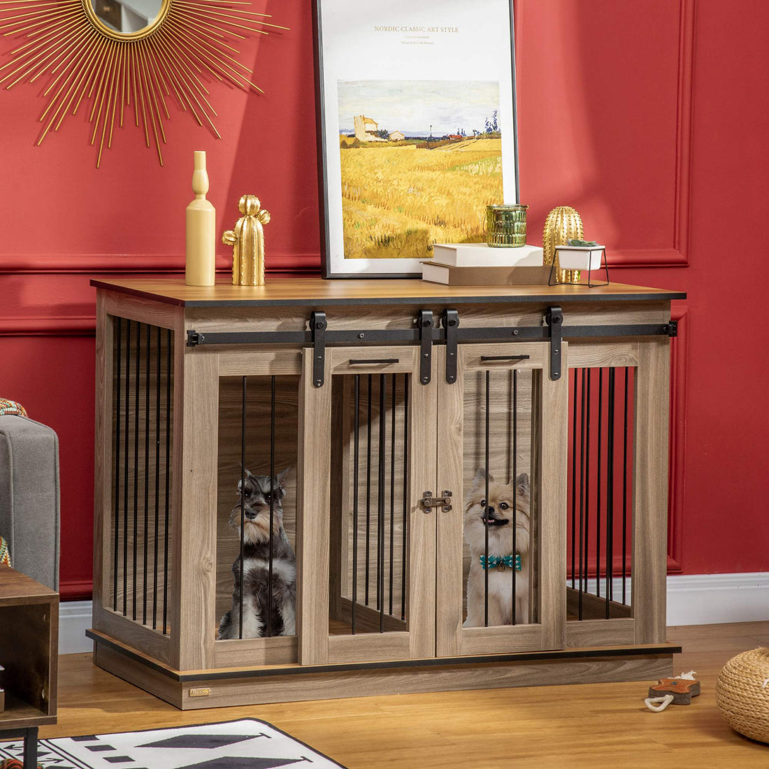Dog Crate Furniture for Large Dogs, Double Dog Cage for Small Dogs, with Sliding Doors - Oak Tone