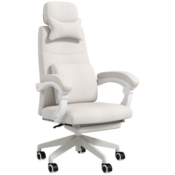 Linen-Look Office Chair, with 160° Reclining Back and Footrest - White