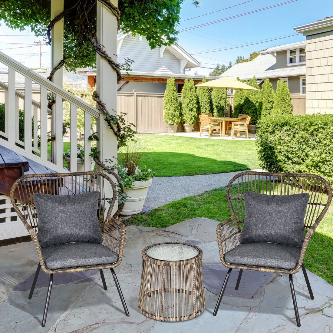 3 Pieces Rattan Bistro Set, Wicker Garden Furniture Set with Cushions, Glass Top Coffee Table and Chairs for Outdoor, Patio, Balcony, Grey