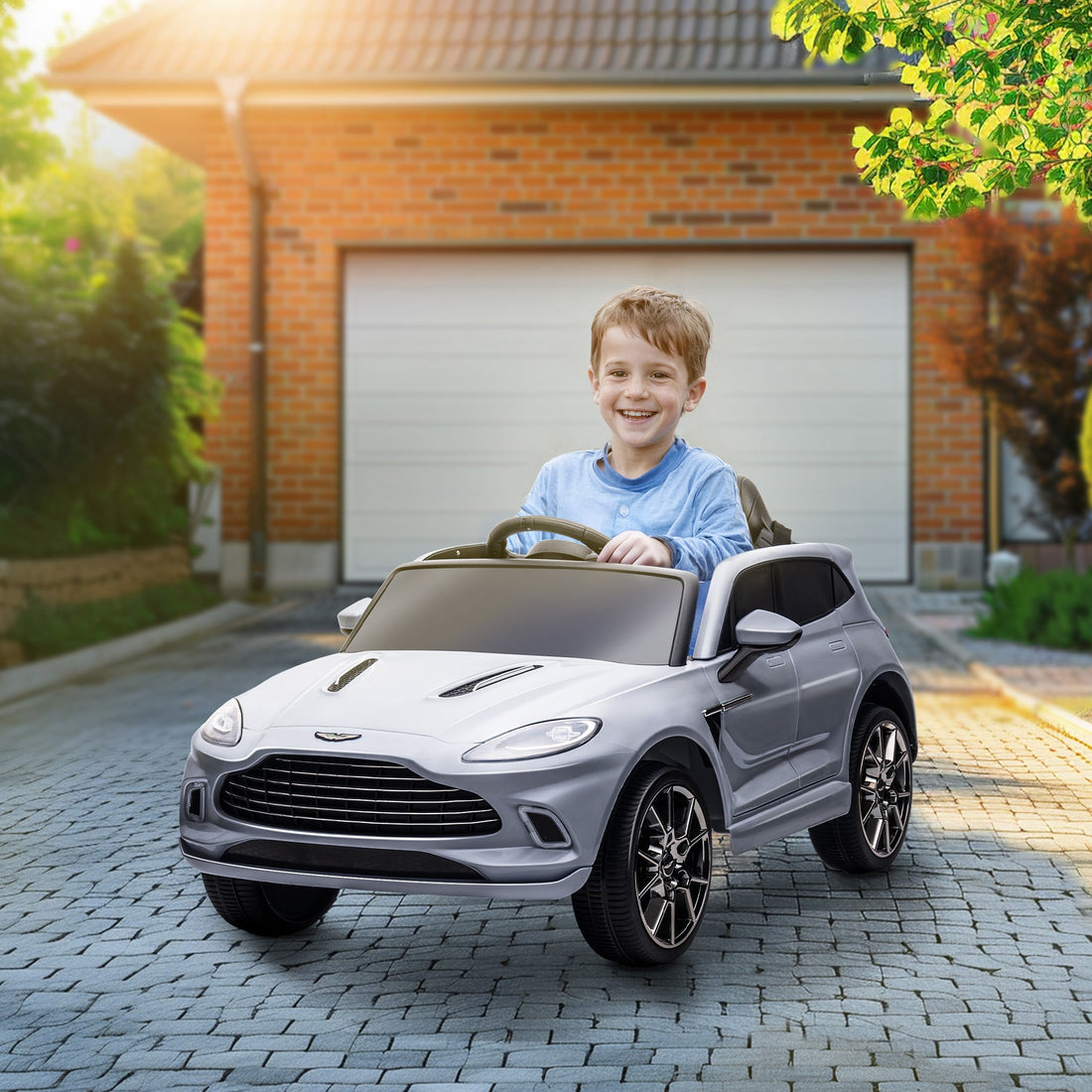 Aston Martin DBX Licensed Battery Powered Kids Electric Car, 12V Kids Ride on Car w/ Lights, Music Horn, Grey