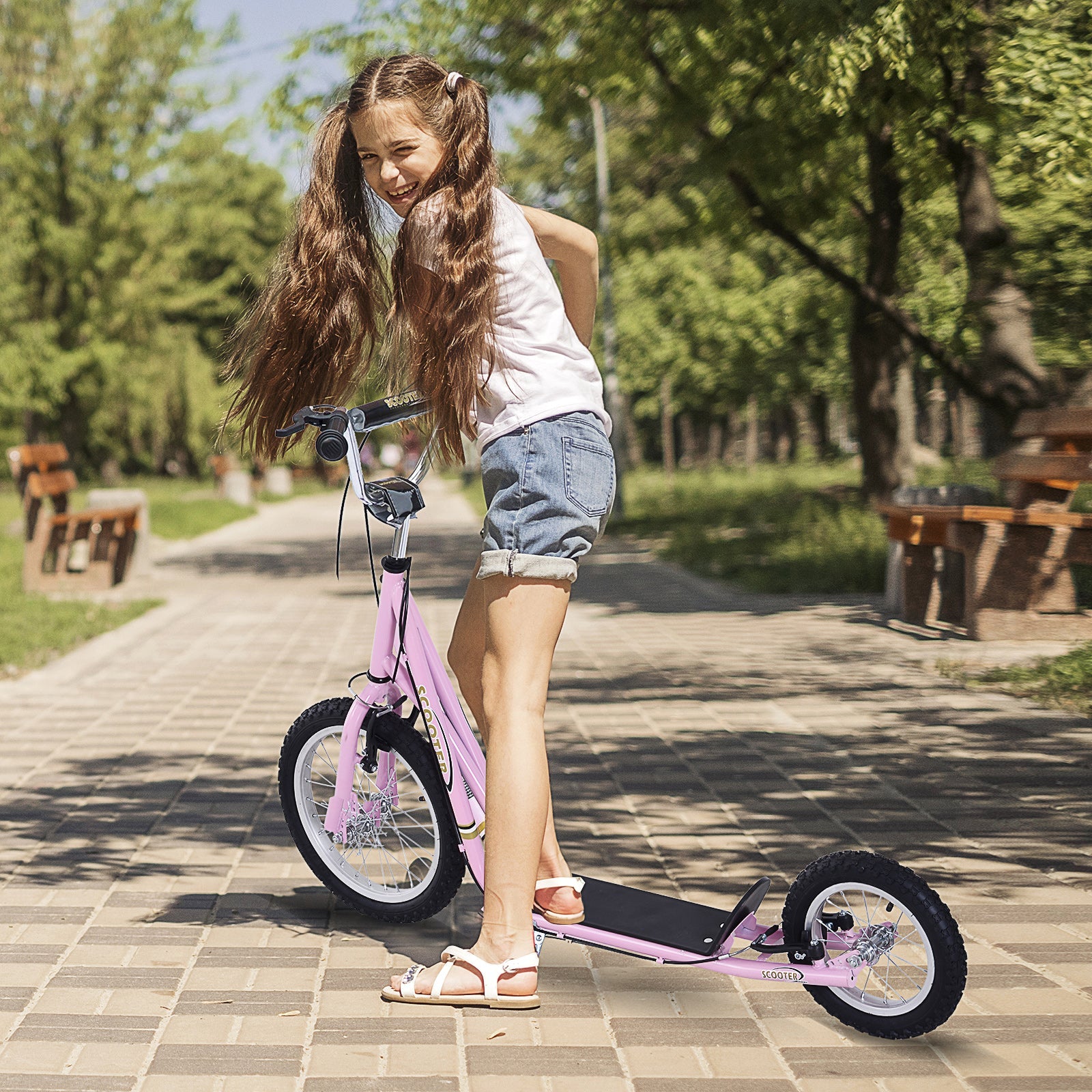Kids Scooter, Teen Kick Scooter with Rubber Wheels, 16" Front Wheel, Height Adjustable Handlebar, Dual Brakes, Kick Stand, for 5+ Years, Pink