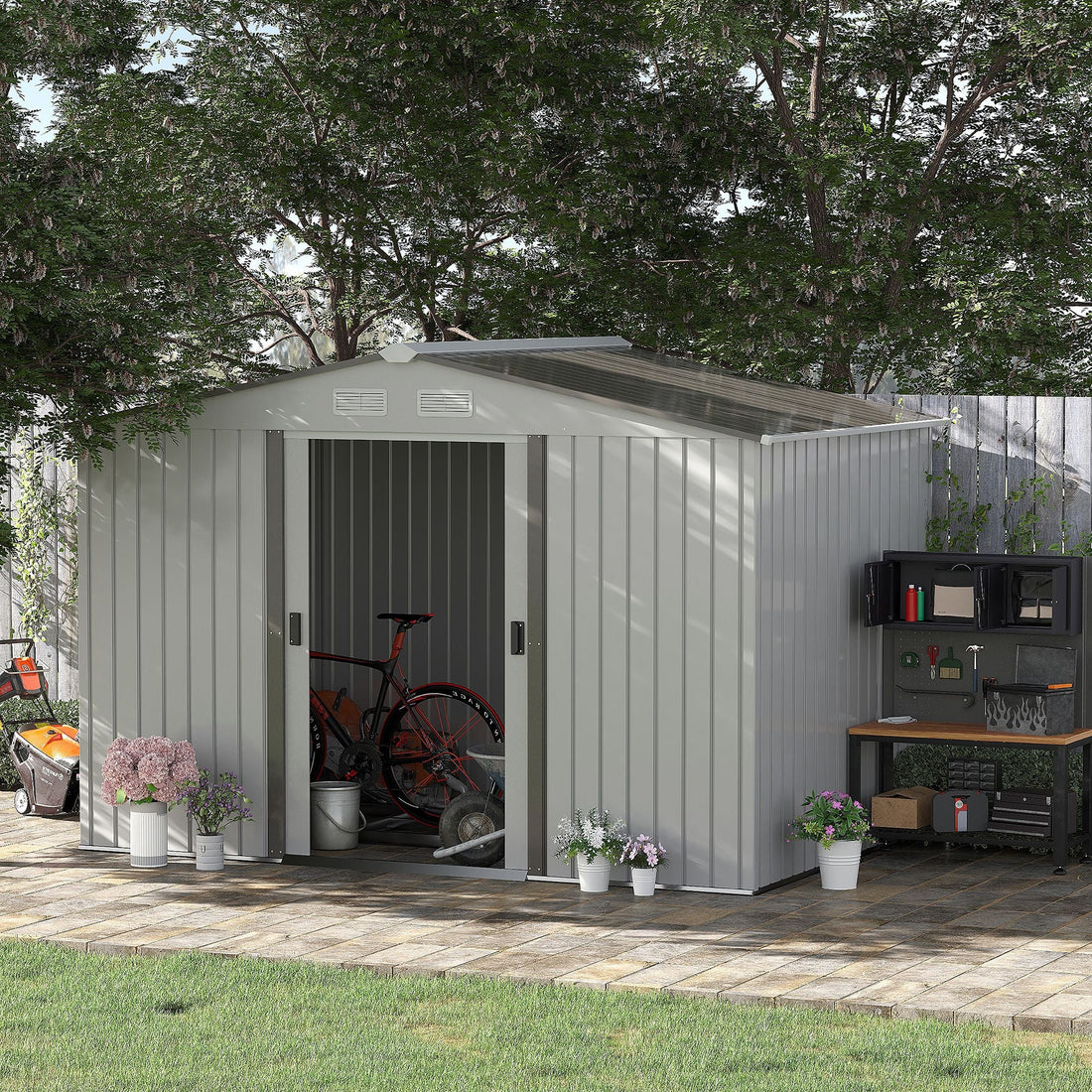 Metal Bike Shed, Mobility Scooter Shed House with Foundation Kit, Ventilation, Doors, 9 x 6FT, Silver