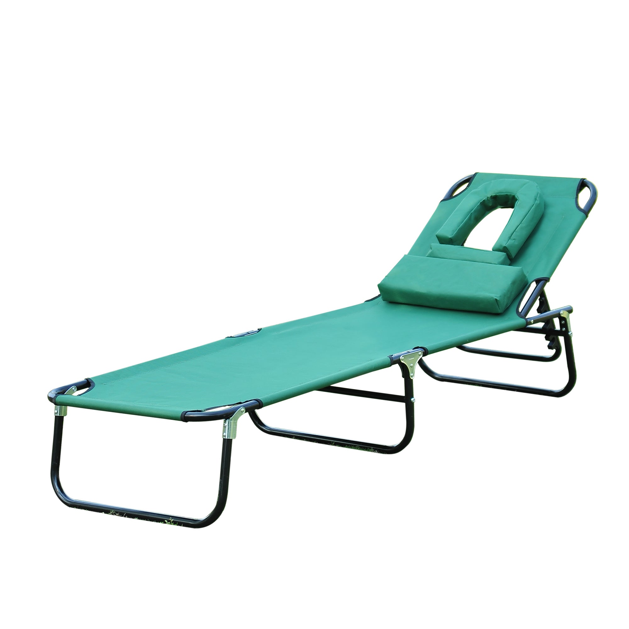 Foldable Outdoor Sun Lounger Adjustable Backrest Reclining Chair with Pillow and Reading Hole Garden Beach, Dark Green