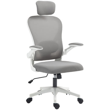 Executive Office Chair, Ergonomic Mesh High Back Desk Chair with Flip-up Armrest, Rotatable Headrest, Adjustable Lumbar Support for Home Study, Grey