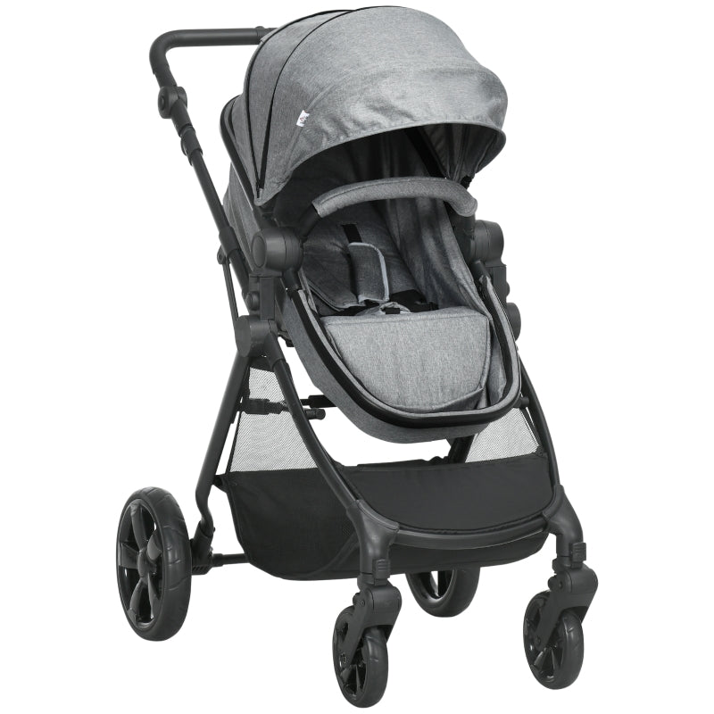 Foldable Baby Stoller, with Reclining Backrest, Adjustable Canopy, for Ages 0-36 Months - Grey