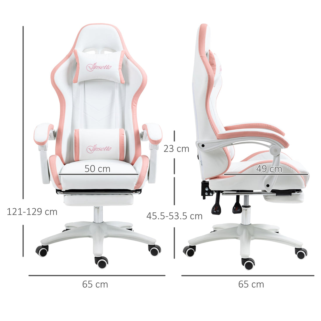Computer Gaming Chair, PU Leather Desk Chair with Footrest, Swivel Task Chair with 135° Reclining Back and Lumbar Support, PC Chair for Adults, White and Pink