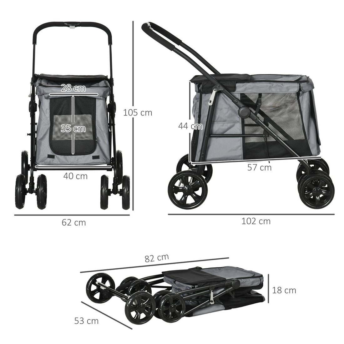 Dog Pram Dog Stroller 4 Wheels Pet Pushchair with Rolling Door, Cushion, Safety Leashes, for Small and Medium Dogs, Grey