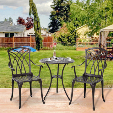 3 Pieces Garden Dining Set for 2, Cast Aluminium Outdoor Dining Set with 2 Armchairs and Round Dining Table with Parasol Hole, Garden Furniture Set, Brown
