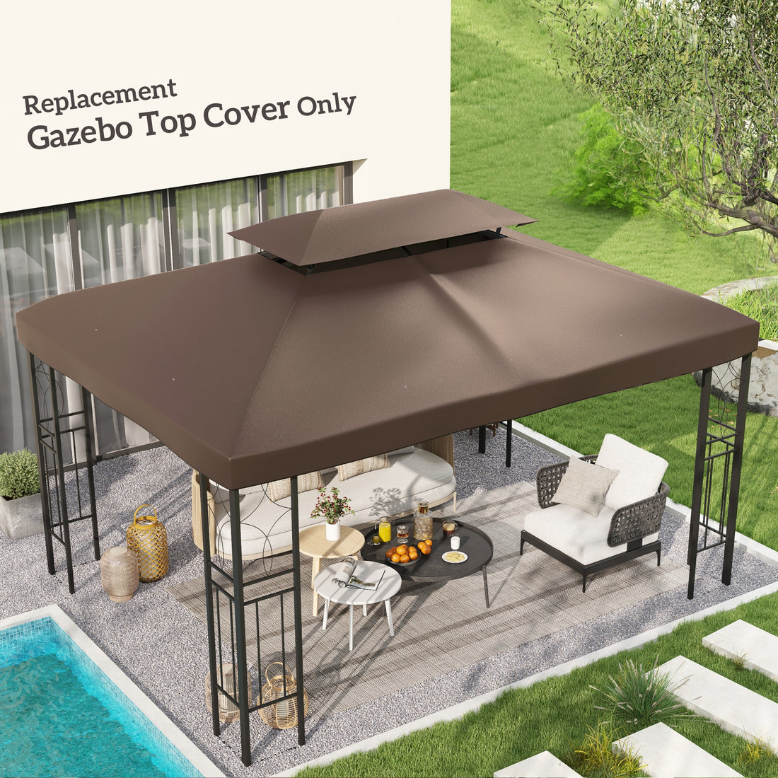 3x4m Gazebo Replacement Roof Canopy 2 Tier Top UV Cover Garden Patio Outdoor Sun Awning Shelters, Brown (TOP COVER ONLY)