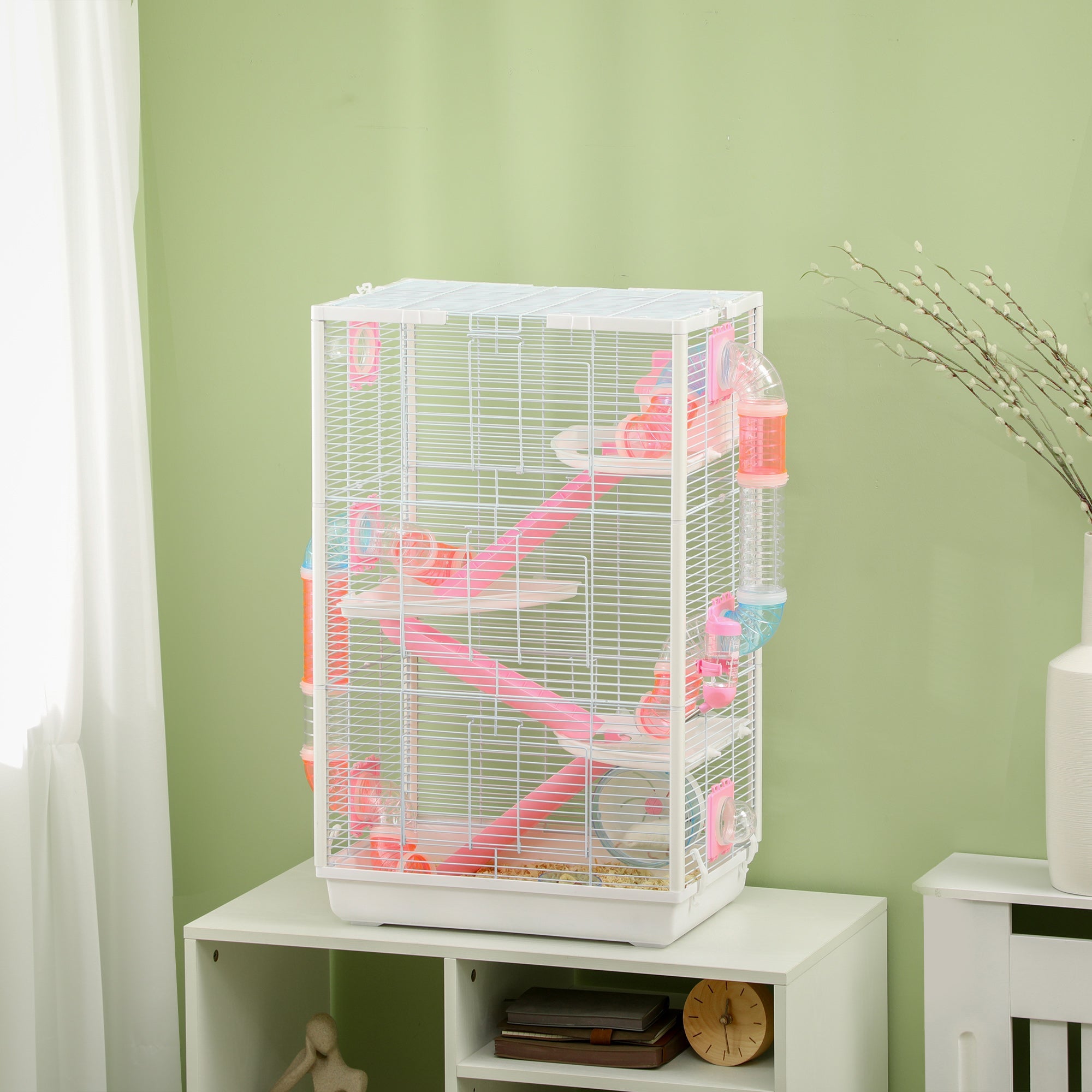 Hamster Cage, Gerbil Cage w/ Tubes, Exercise Wheel, Hut, Ramps, Platforms, 47 x 29.5 x 76cm - White