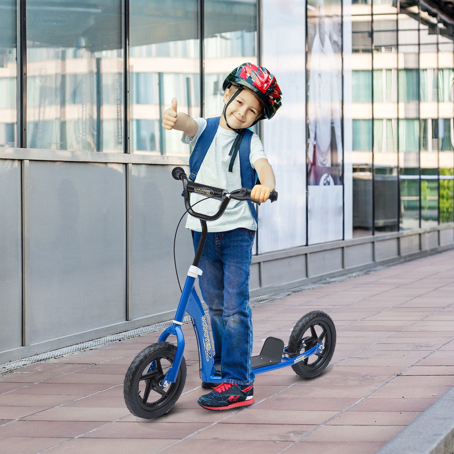 Kids Scooter Kick Scooter with 12" EVA Tyres, Rear Brake, Big Wheels Scooter for 5-12 Years Old, Blue