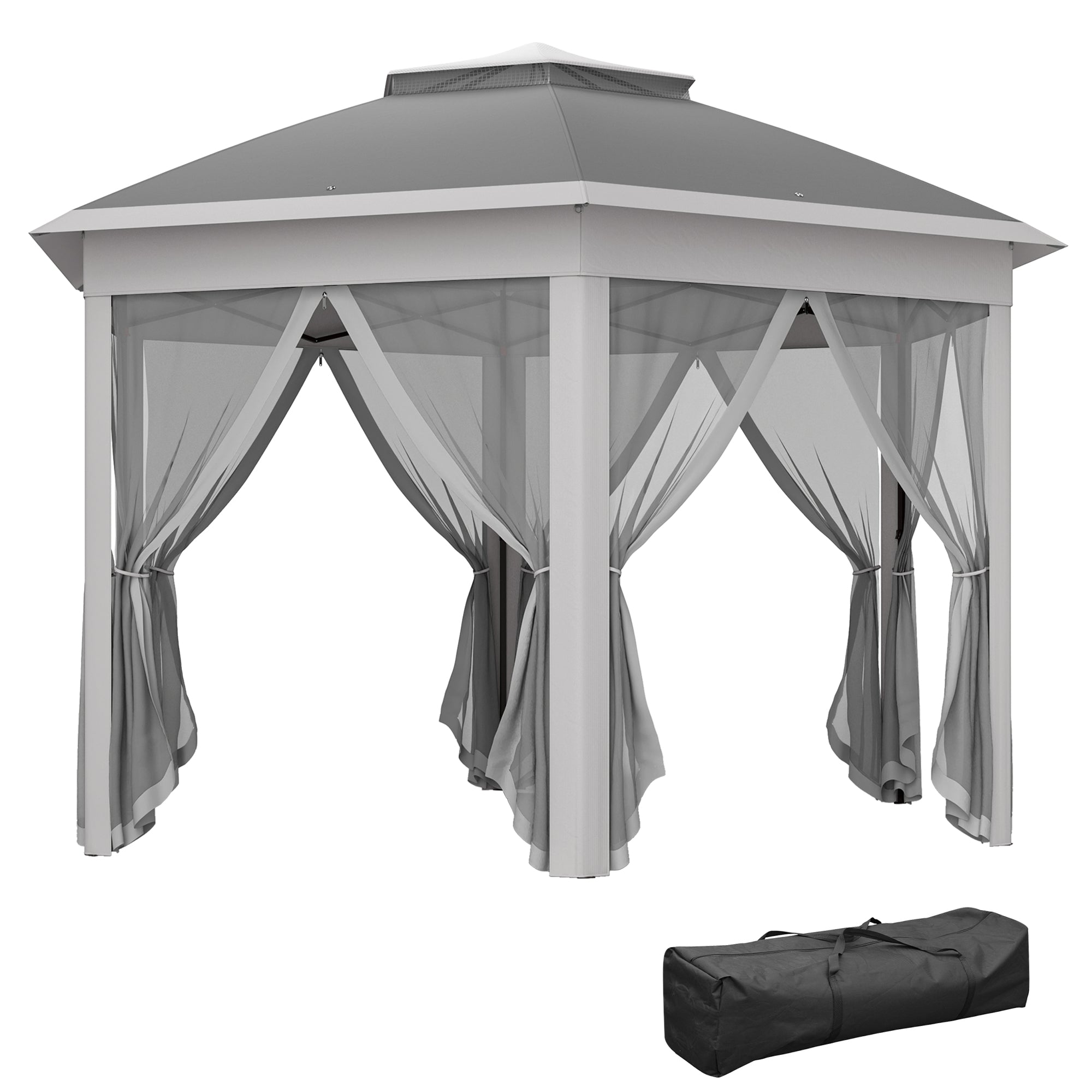 3 x 4m Garden Gazebo Hexagon Pop Up Gazebo Party Tent Canopy Double Roof Instant Shelter with Netting and Carry Bag for Outdoor Patio, Dark Grey