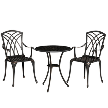 3 Pieces Garden Dining Set for 2, Cast Aluminium Outdoor Dining Set with 2 Armchairs and Round Dining Table with Parasol Hole, Garden Furniture Set, Bronze Tone