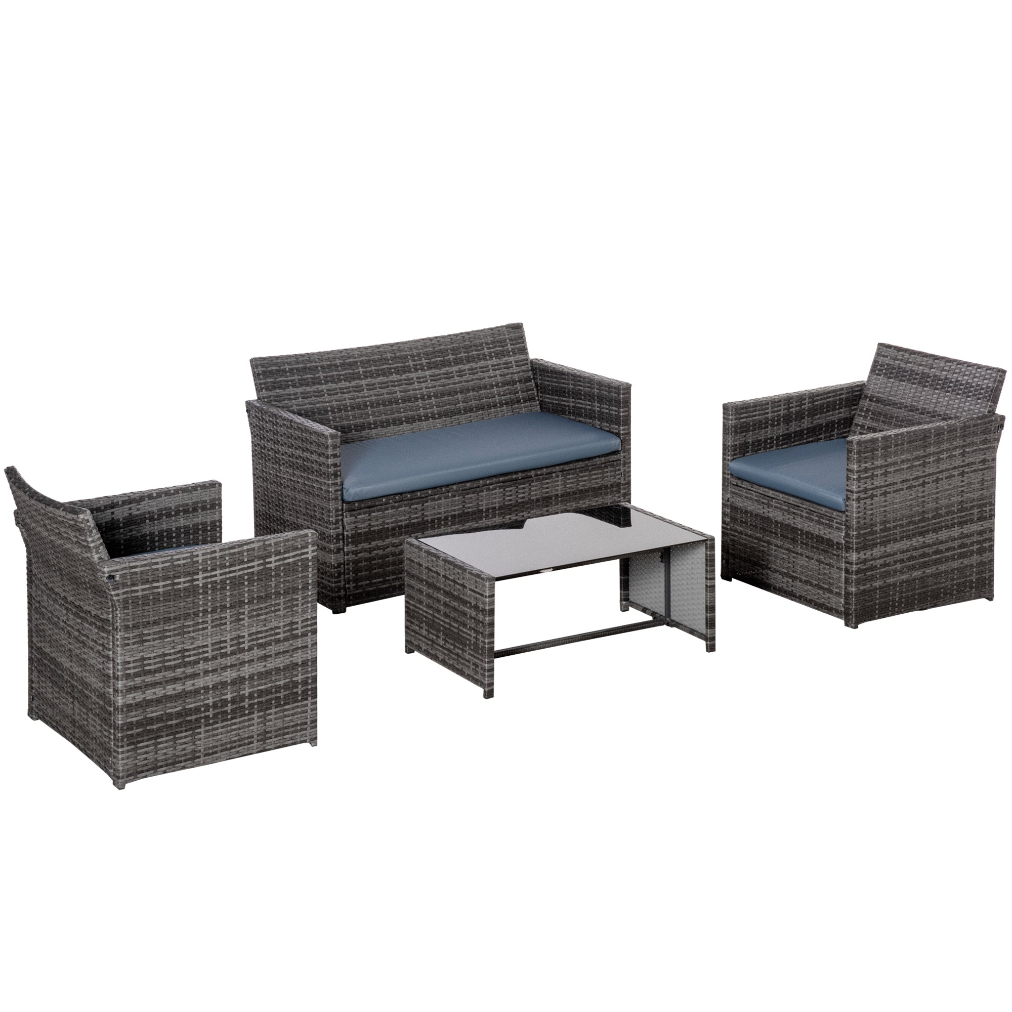 4 Pieces PE Rattan Garden Sofa Set with Cushions, Outdoor Patio Wicker Weave Conservatory Furniture Set with a Loveseat, 2 Armchairs and a Glass Top Coffee Table, Grey