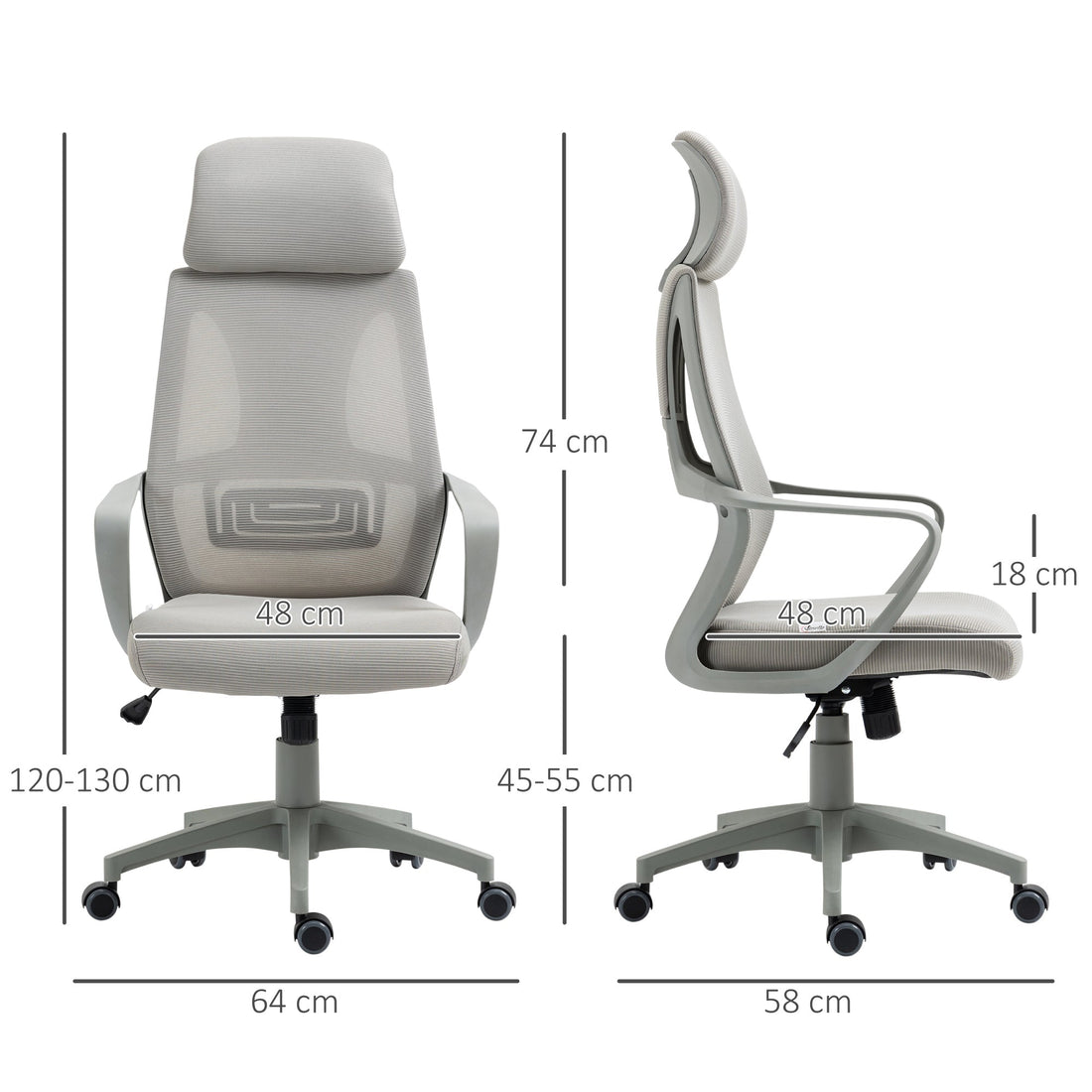 Ergonomic Office Chair, High Back Computer Chair, Mesh Desk Chair with Lumbar Support, Headrest, Wheel, Adjustable Height, Grey
