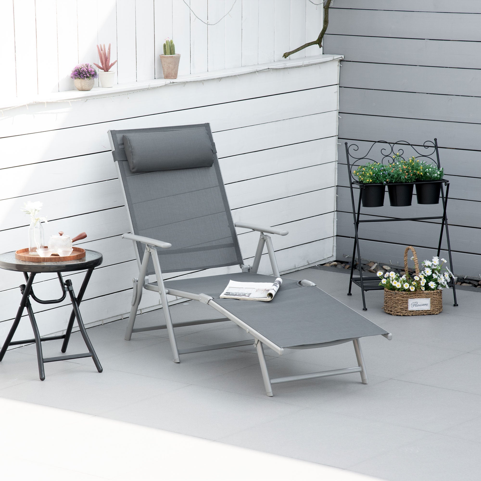 Steel Fabric Sun Lounger Outdoor Folding Chaise Lounge Chair Recliner with Portable Design & 7 Adjustable Backrest Positions - Dark Grey