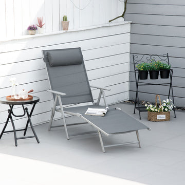 Steel Fabric Sun Lounger Outdoor Folding Chaise Lounge Chair Recliner with Portable Design & 7 Adjustable Backrest Positions - Dark Grey